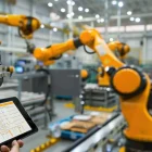 Factory automation system with robotic arms and control panels