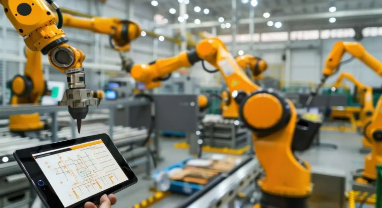 Factory automation system with robotic arms and control panels