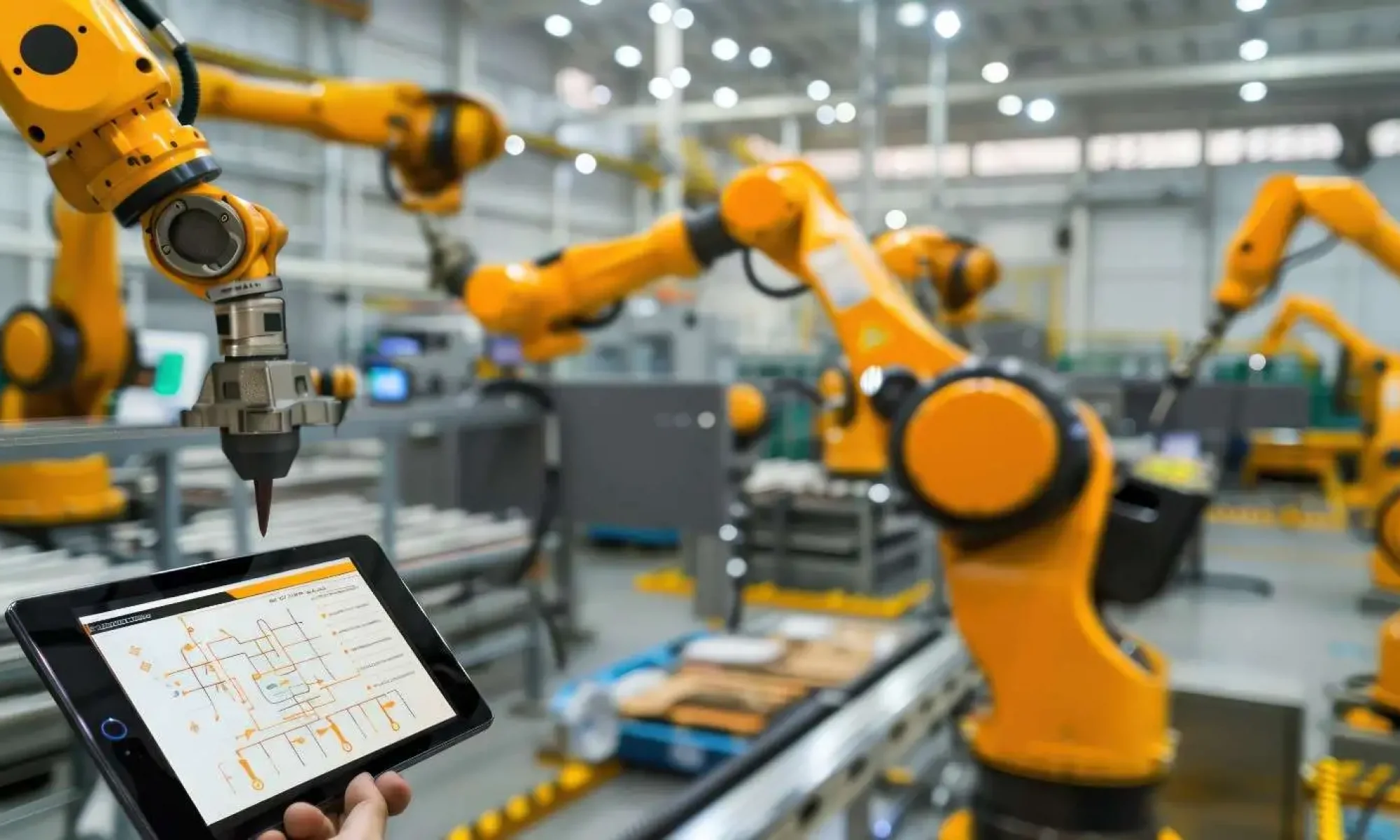 Factory automation system with robotic arms and control panels